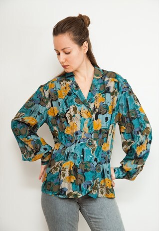 80'S VINTAGE TURQUOISE AND MUSTARD FLOWER PRINT BLOUSE