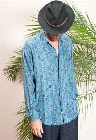MENS VINTAGE LONG SLEEVE, ABSTRACT PRINT, BUTTON UP SHIRT