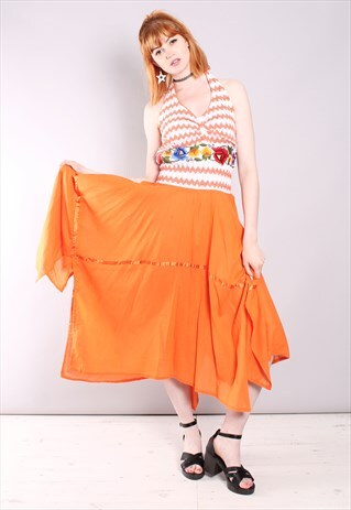 VINTAGE 60S ORANGE FLORAL DETAIL HALTERNECK DRES