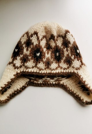 VINTAGE 90'S HANDMADE WOOL FAIR ISLE KNIT WINTER HAT
