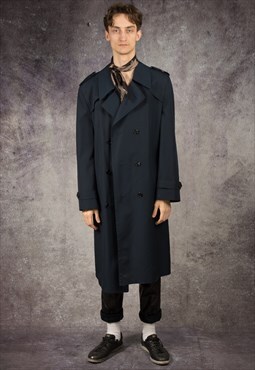 90s trench coat in Adam Jensen style and navy blue color 