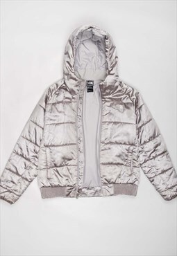 North face silver cropped fitted puffa jacket