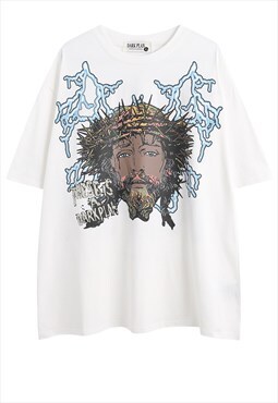Jesus print t-shirt Dark plan tee retro Gothic top in white