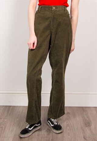 VINTAGE 90'S GREEN CORD HIGH WAIST KICK FLARE TROUSERS