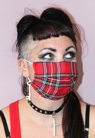 HANDMADE RED TARTAN FACE MASK HEAD SCARF COVERING RED PUNK