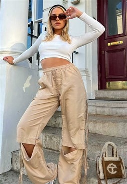 Beige Knee Cut Cargo Trousers 