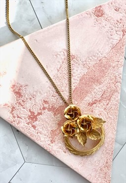 70s Rose Necklace Pendant Gold Vintage Jewellery 