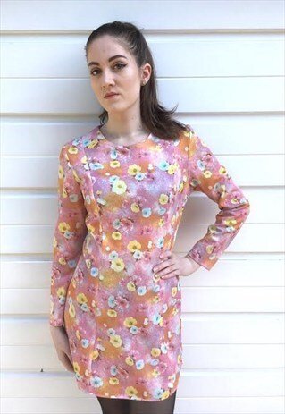 WOMENS VINTAGE 60S DRESS LONG SLEEVED PINK FLORAL DRESS
