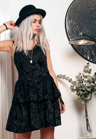 80S VINTAGE FRILL VELVET PARTY DRESS