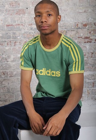 VINTAGE ADIDAS LOGO 3 STRIPE T-SHIRT GREEN YELLOW