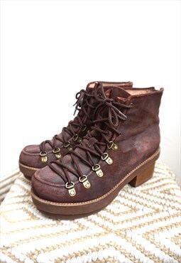 Vintage Brown Genuine Leather Laced Platform Boots