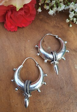 Silver Indian Hoop Spike Earrings 
