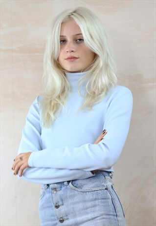BLUE TEXTURED TURTLENECK CROP TOP