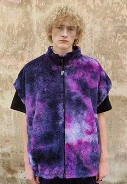 Tie-dye fleece vest jacket handmade reversible gilet bomber