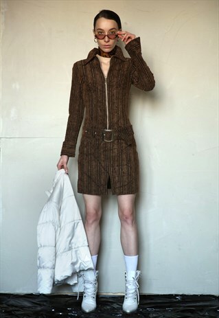 70S VINTAGE BROWN STRIPED ZIP-UP DRESS WITH COLLAR