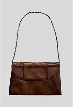 70's Vintage Brown Leather Gold Chain Envelope Shoulder Bag