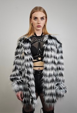 Shaggy faux fur jacket black white collarless striped coat