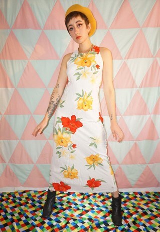 VINTAGE 90S RED / YELLOW / WHITE FLORAL VISCOSE MAXI DRESS