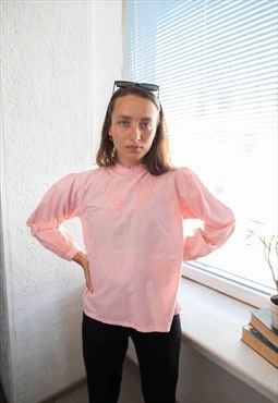 Vintage 70's Pink Embroidered Front High Collar Blouse