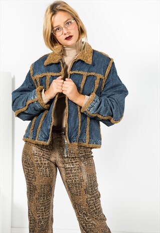 VINTAGE 80S WRANGLER WINTER SHEEPSKIN DENIM JACKET/ S0224