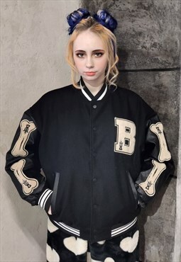 USA varsity fleece jacket PU leather sleeve MA bomber black