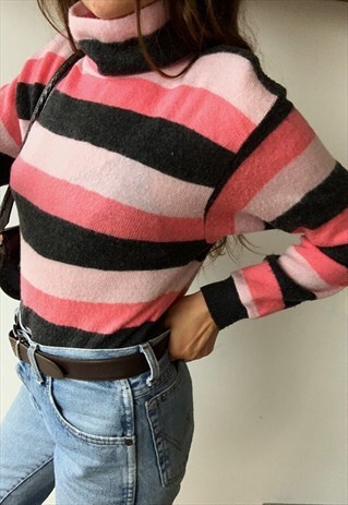 VINTAGE 60S MOD KNIT ROLLNECK PASTEL STRIPED JUMPER PULLOVER
