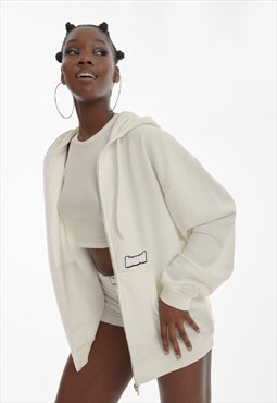  Oversized Zip Up Hoodie With Embroidery In White Ecru