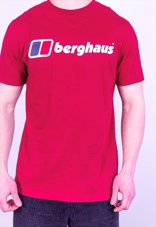 VINTAGE BERGHAUS SPELL OUT LOGO T-SHIRT IN RED MEDIUM