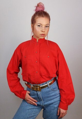 VINTAGE 80'S HIGH NECK MINIMALIST BUTTON-UP BLOUSE IN RED
