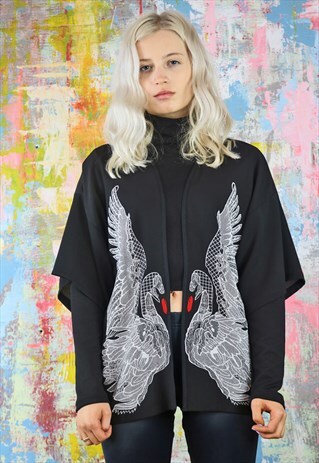 KIMONO IN BLACK WITH KISSING SWANS