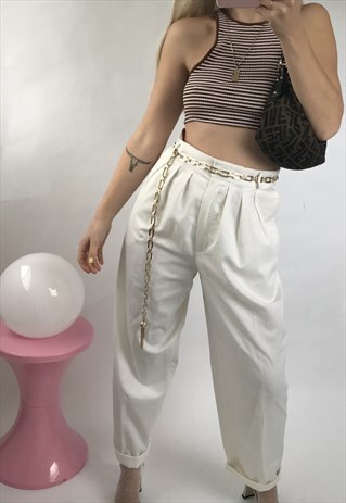 VINTAGE TRUE 1970S WHITE TAPERED HIGHWAISTED TROUSERS