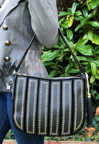 BLACK EYELET STUDDED BAG