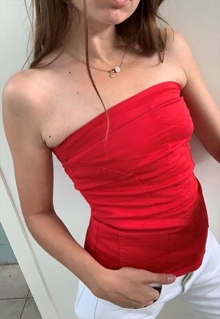 VINTAGE Y2K 00S CORSET SEXY BANDEAU TOP BLOUSE RED