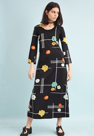 70'S RETRO FLORAL PRINT BOHO FLARE SLEEVE MAXI DRESS
