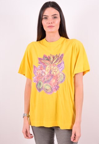 WOMENS VINTAGE T-SHIRT TOP MEDIUM YELLOW 90S