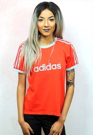 1990S VINTAGE BRANDED ORANGE AND GREY STRIPES SPORTS TEE