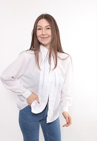 90S EMBROIDERED WHITE BLOUSE, VINTAGE FLORAL EMBROIDERY TOP