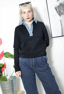 90s grunge y2k casual black knit ribbed denim collar sweater