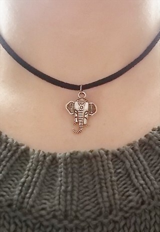 SILVER ELEPHANT CHOKER - BLACK SUEDE CHOKER