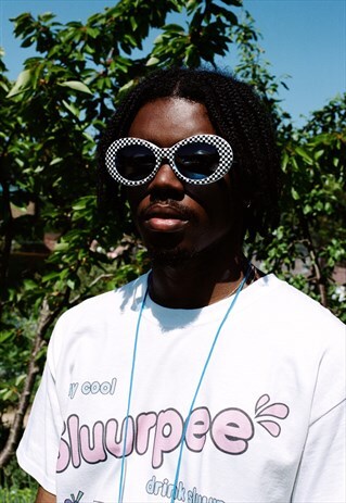 CHECKERED OVAL SUNGLASSES WITH BLUE COLOURED LENS