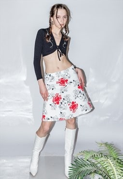 Vintage 90's chic poppy flower A-line skirt in pure white