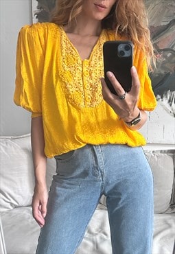 Retro Yellow Blouse With Up Shoulders - L