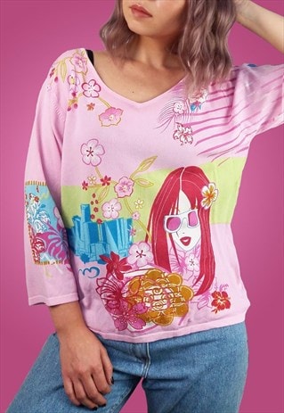 Vintage Y2K Soft Knit Top Barbie Cartoon Pink Blouse