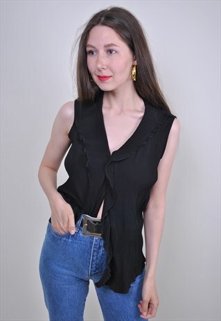 90S BLACK SLEEVELES BLOUSE, FORMAL DARK TANK SHIRT