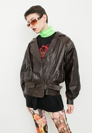 VINTAGE GENUINE LEATHER JACKET BROWN BUTTON UP BELTED JACKET