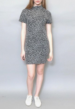 VINTAGE 1990'S GREY LEOPARD PATTERN BODYCON MINI DRESS