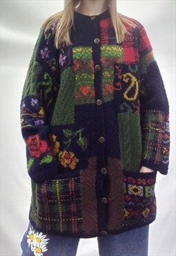 Vintage 90s Cardigan Multicolour Patchwork Floral Wool