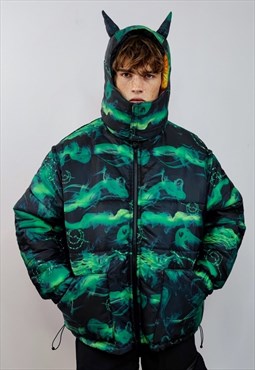 Smoke print bomber reversible jacket detachable flame puffer