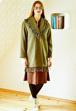 KHAKI FRINGE WOOL JACKET