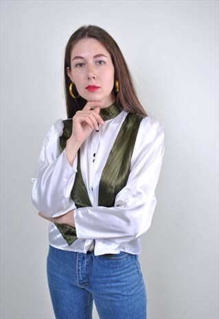 80S VINTAGE WHITE FORMAL BLOUSE WITH GREEN STRIPED VEST